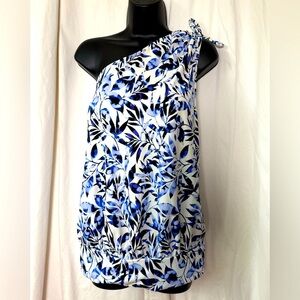 Women's Sz XL Swimsuit Top Only One Shoulder and Gathered Waist Blue/Wht Floral